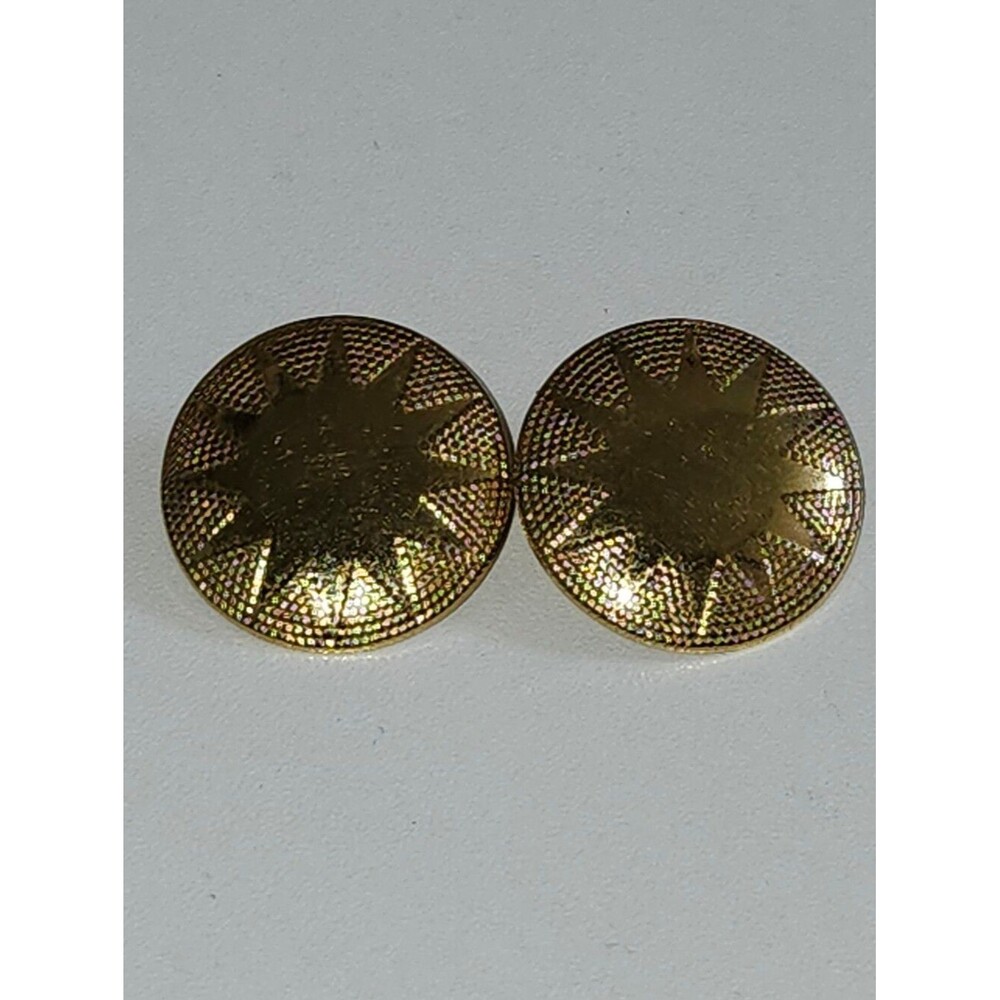 Gold Textured Round Earrings with Sunburst Detail, 1"